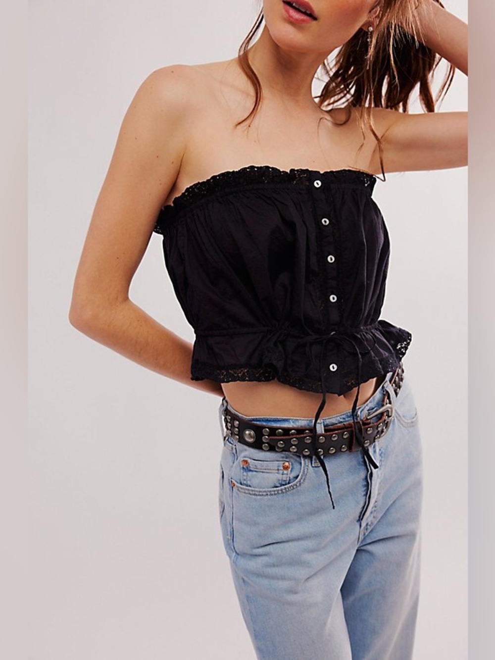 Free People Black Lace Off-Shoulder Crop Top w/ Button Front - Wistful Daydream